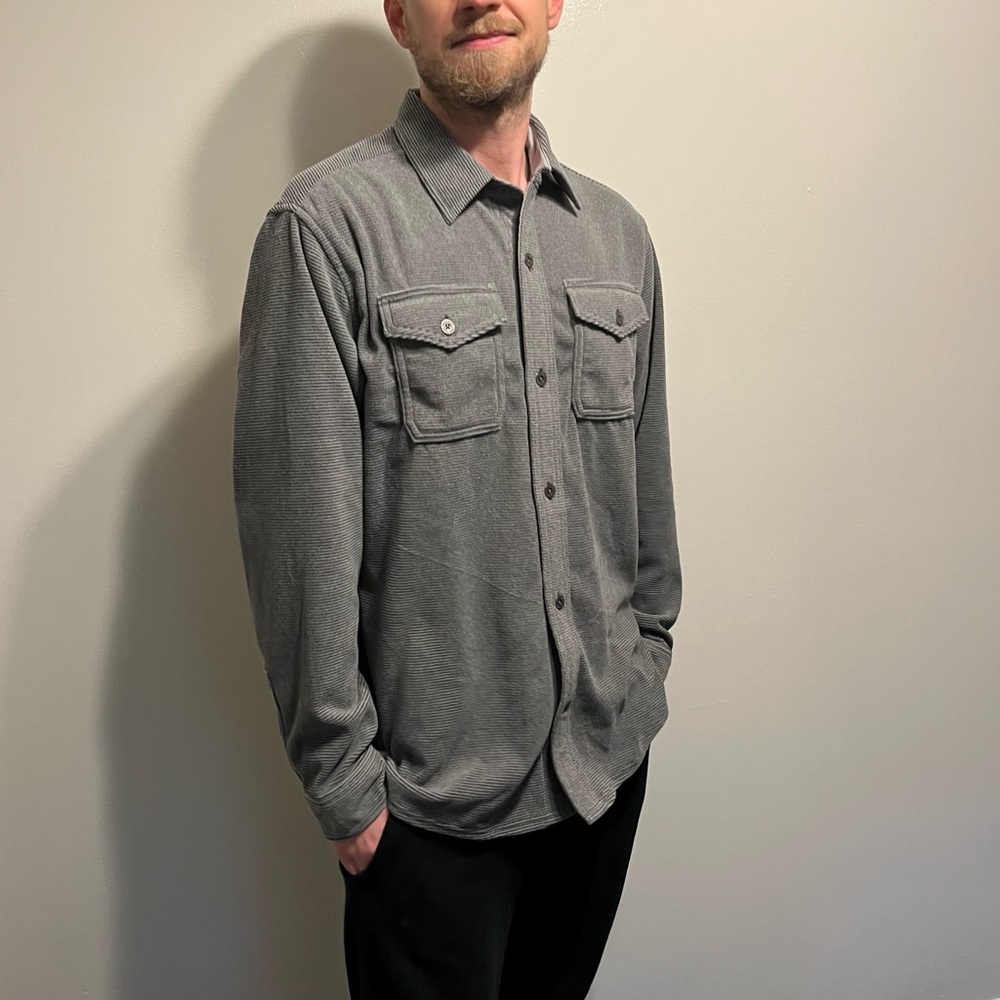 NWT Eddie Bauer Heather Gray Mr. Chute’s Striped Microfleece Button-Up